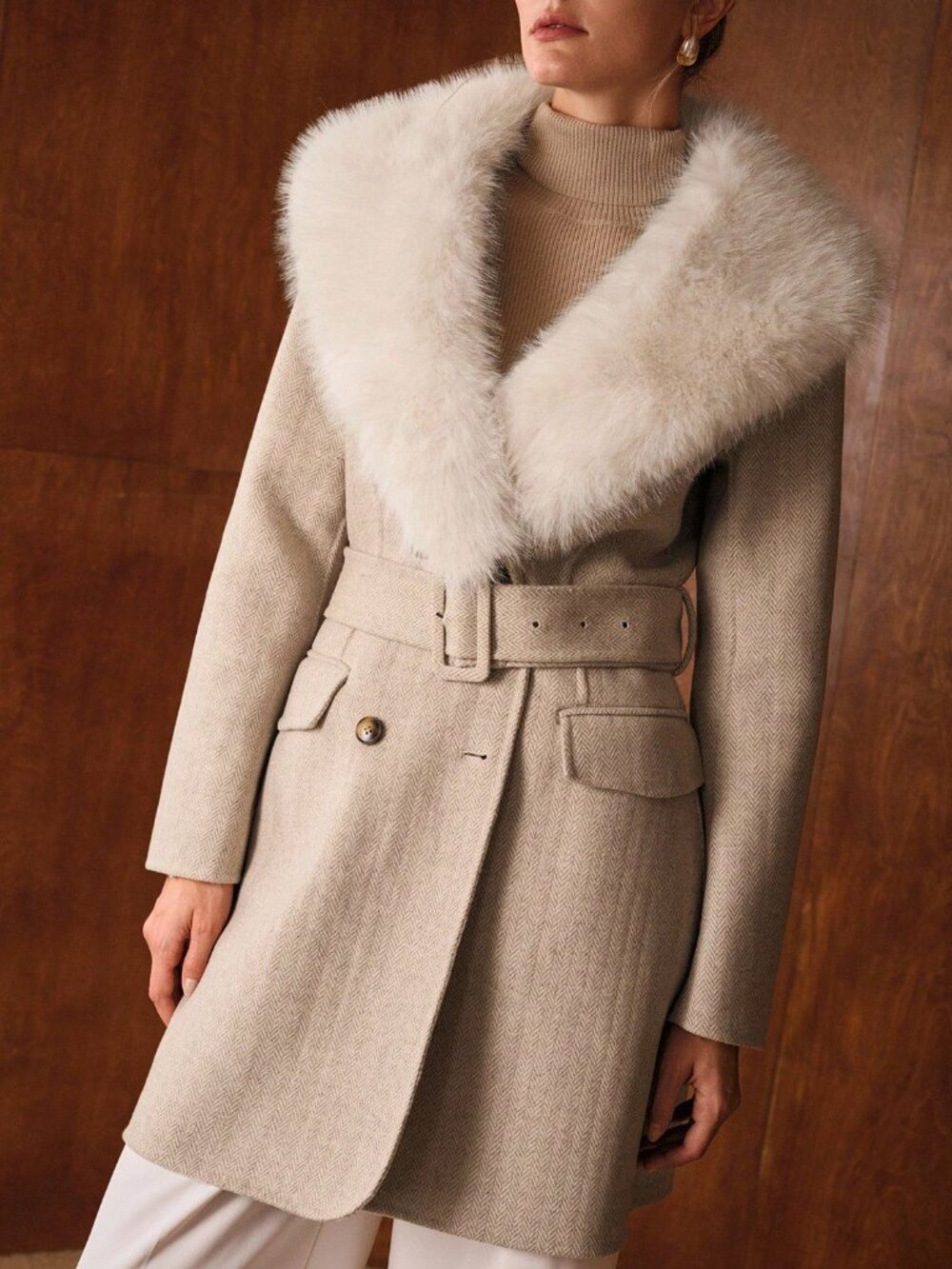 Mocha Brown Elegant Women's Herringbone Pattern Collar Single-Breasted Coat